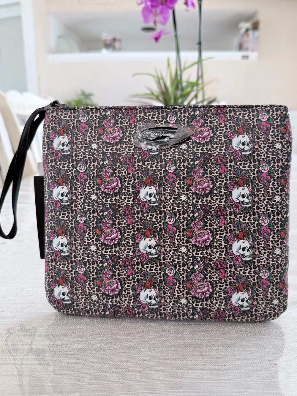 Ed Hardy Leopard Floral Skull Print Wristlet Clutch